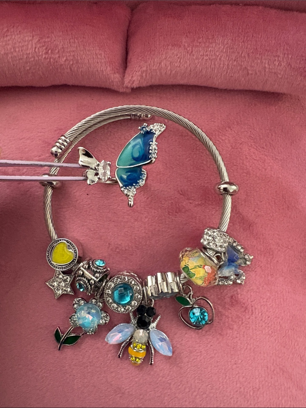 Silver Tone Charm Bracelet with Blue and Multicolor Charms & Butterfly Ring